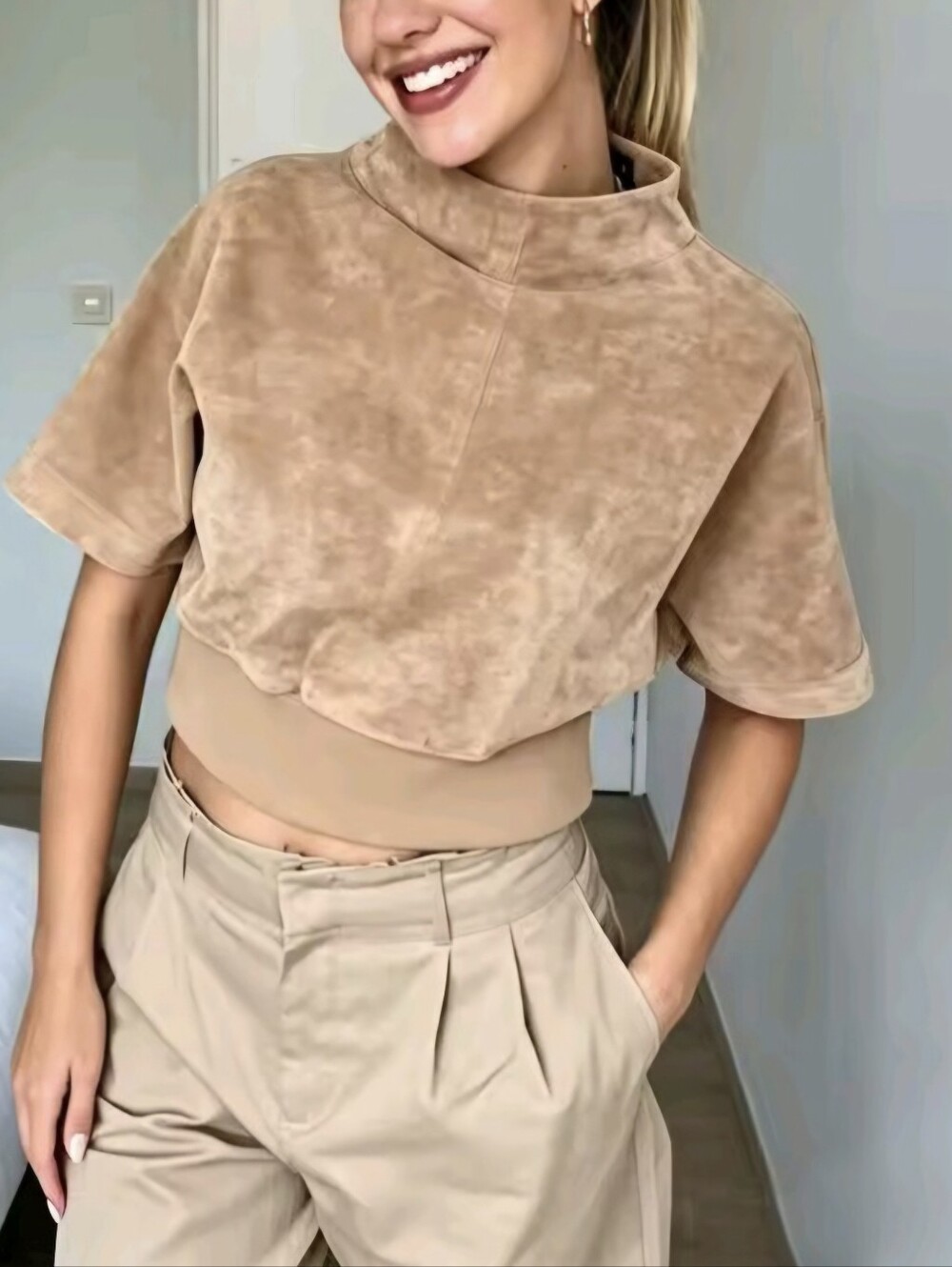 Faux Suede Cropped Jacket Women Top Fitted Jacket Woman Short Sleeve Varsity Jac